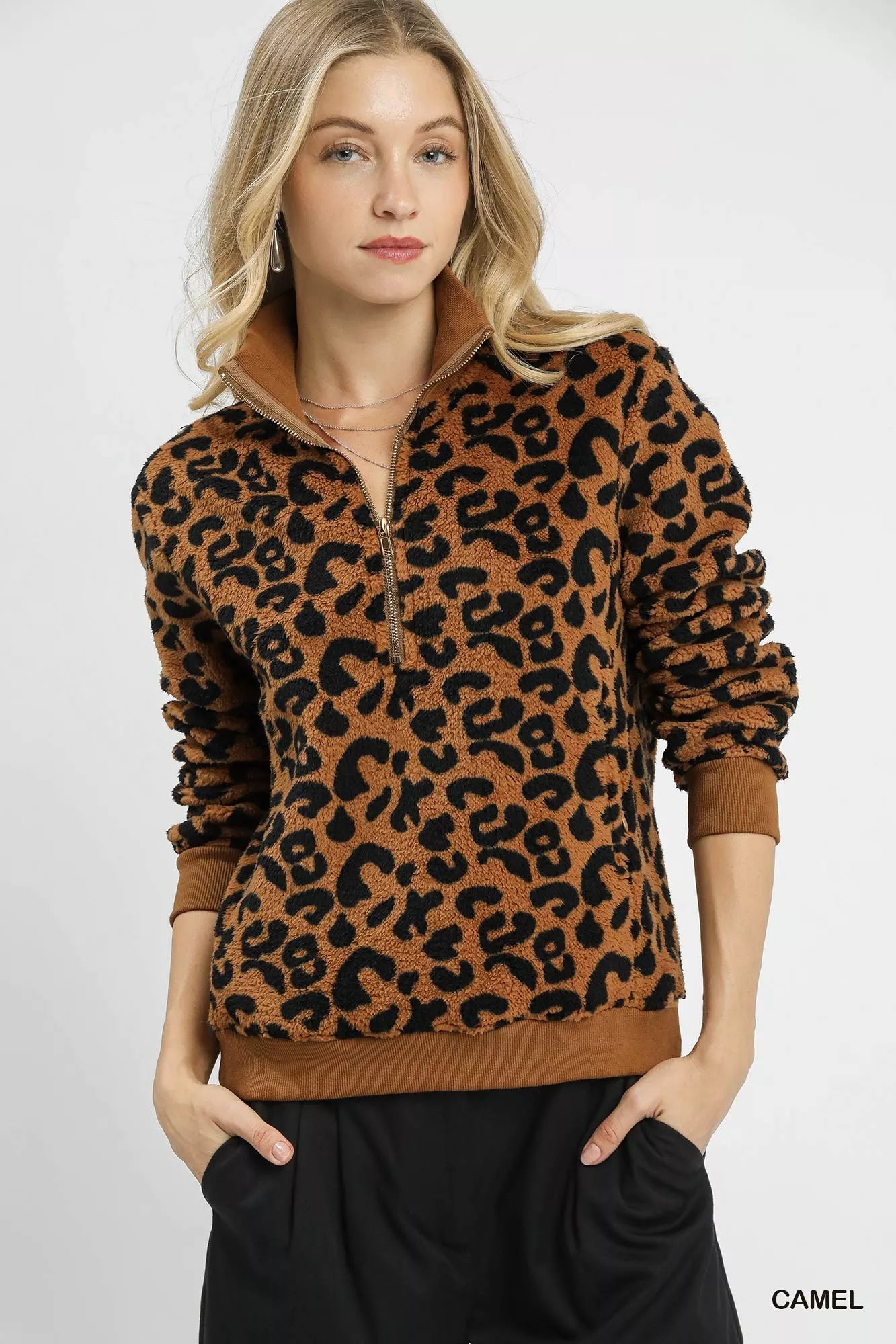 Front view Jovani camel leopard print quarter-zip sweatshirt, fleece comfort casual wear.