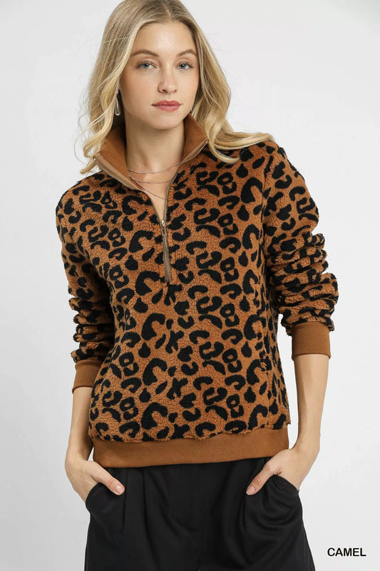 Front view Jovani camel leopard print quarter-zip sweatshirt, fleece comfort casual wear.