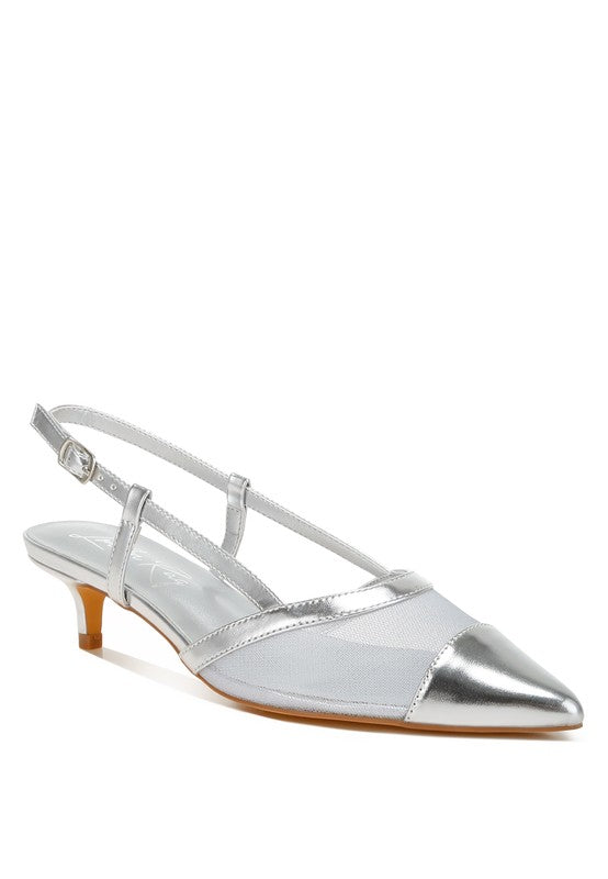 Silver Iyla Mesh Slingback Heels front angle view with pointed toe and cushioned insole