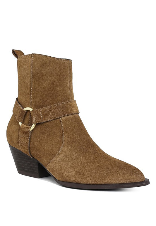 Jockey Harness Ankle Boots taupe suede front angle with pointed toe and harness strap