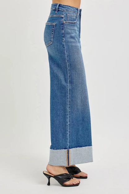 Sylvi tummy control jeans with cropped wide cuff, zip fly, and soft stretch denim.