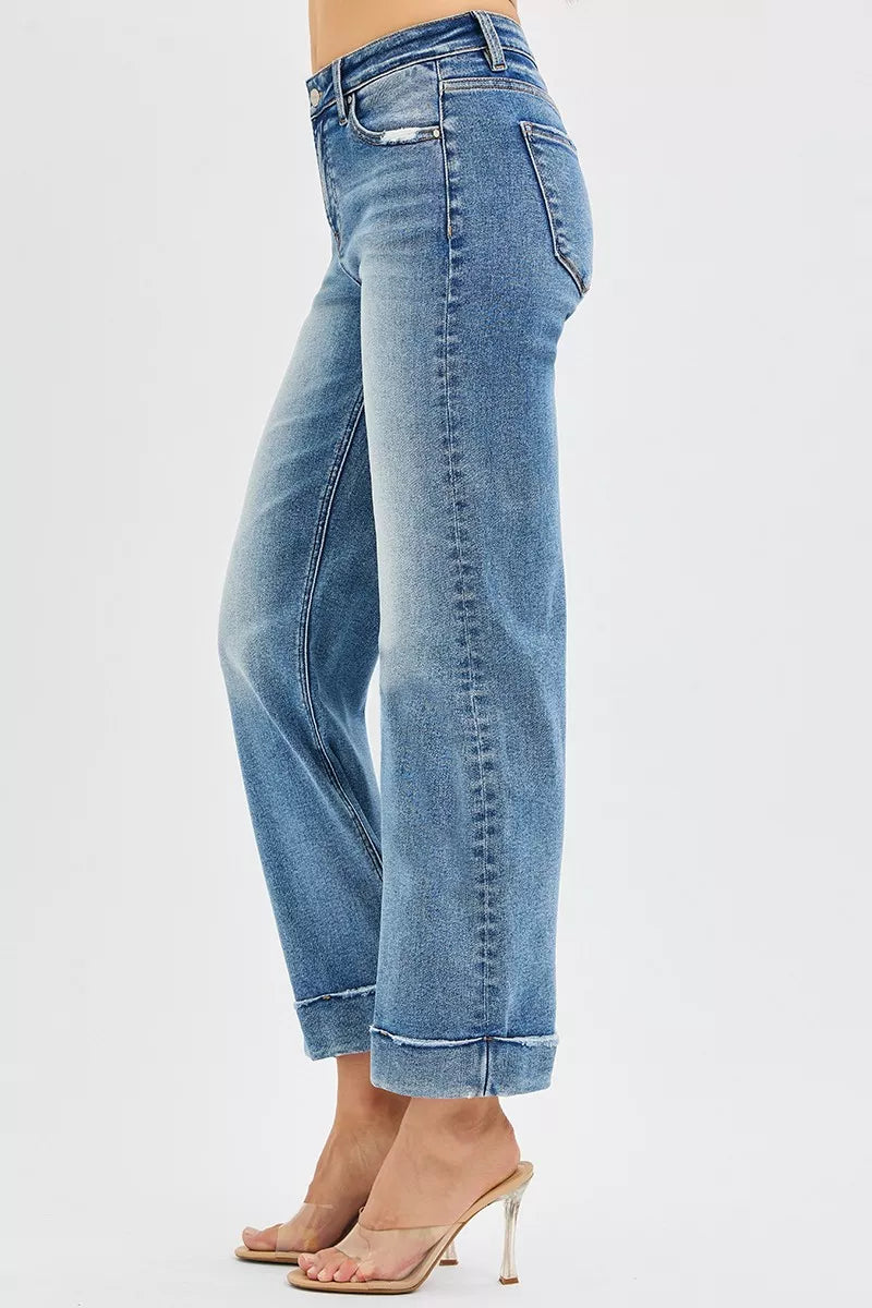 Sammy Mid Rise Crop Straight Jeans Risen Medium Wash side angle crop length fit.