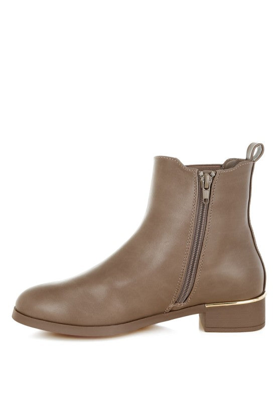 Side view of taupe Yacht Winter Ankle Boots with zipper and gold accent heel.