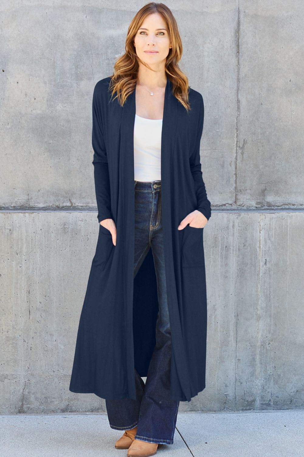 Dark Navy open-front long-sleeve cover-up with a flowy design and pockets, perfect for layering on breezy days.