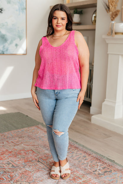 Plus size full body look Daleyza hot pink knit A-line tank top, scoop neck, trendy oversized fit, casual chic style.