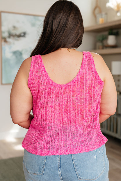 Plus size back view Daleyza hot pink knit oversized V-neck tank, breezy lightweight fit, chic plus size women’s top.