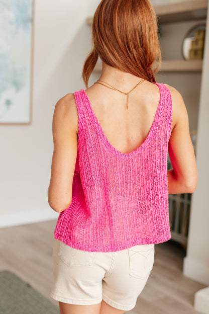 Back view Daleyza oversized knit V-neck tank in bold hot pink, breezy lightweight fit, stylish women’s top.