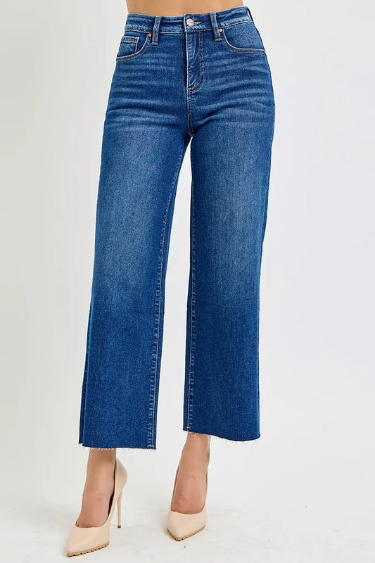 Size inclusive Adrina tummy control high rise wide crop jeans, front view in dark wash denim.