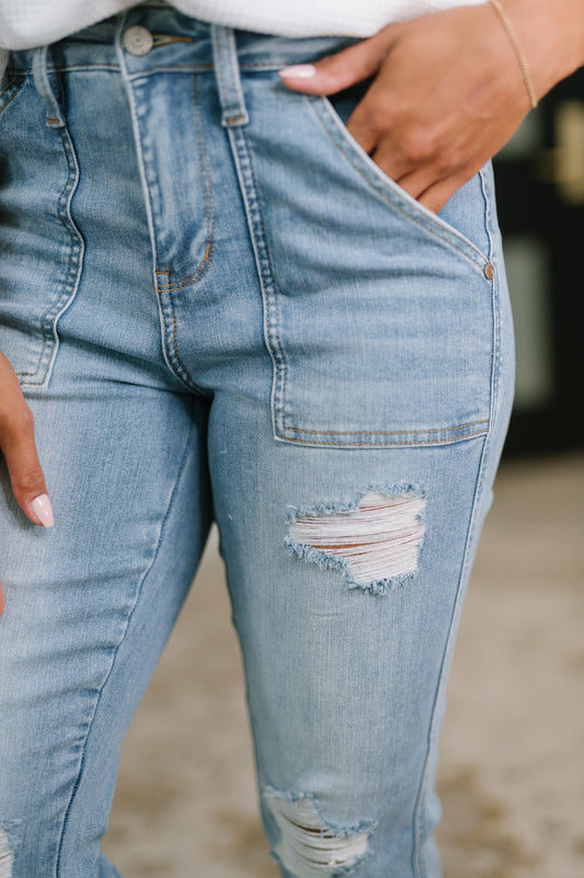 Close up of Aiden High Rise Patch Pocket Distressed Boyfriend Jeans by Judy Blue distressing.