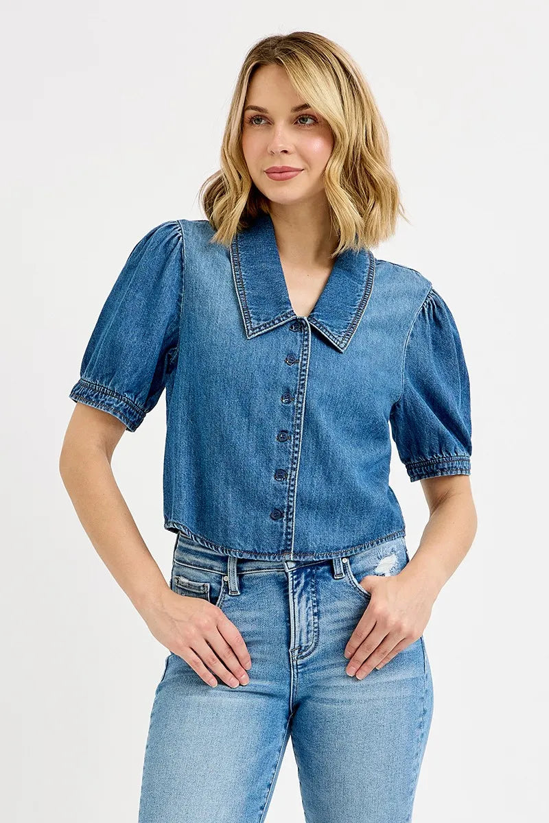 Front view of Alexa puff sleeve crop denim shirt in medium wash with button-down closure.