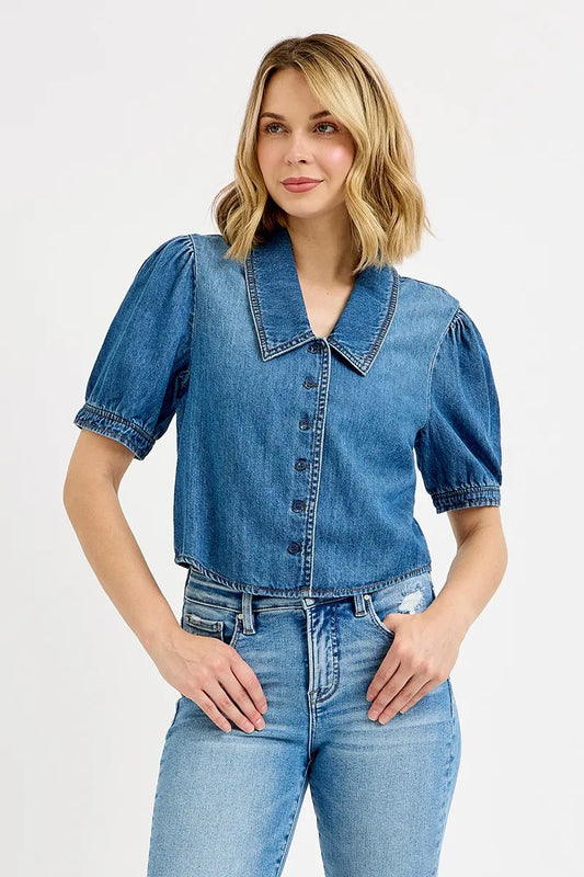 Front view of Alexa puff sleeve crop denim shirt in medium wash with button-down closure.