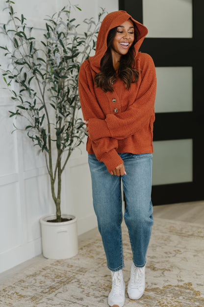 Full body view of Callen Henley Sweater worn with hood up and jeans
