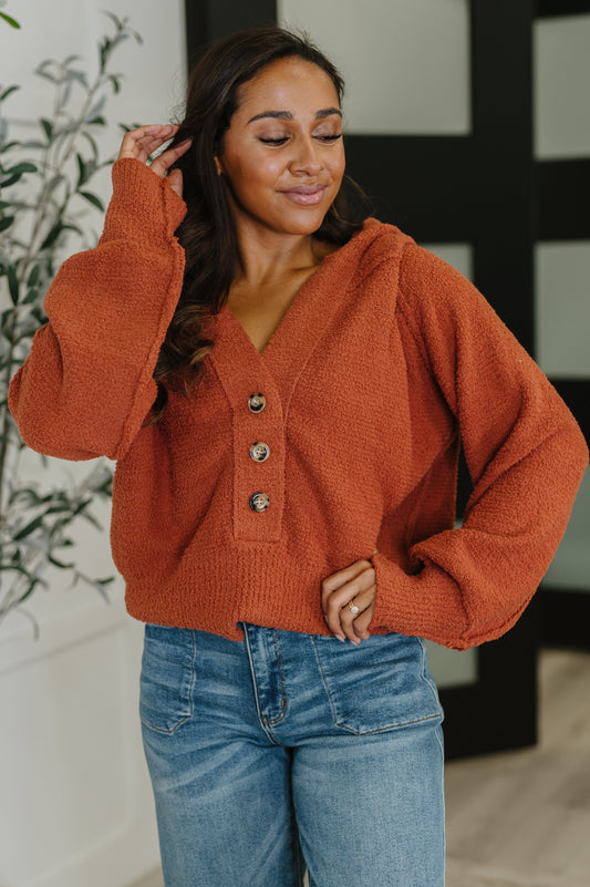 Front view of Callen Henley Sweater in rust knit with button details