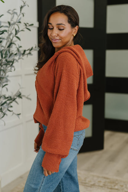 Side view of Callen Henley Sweater with hood and exposed seam details