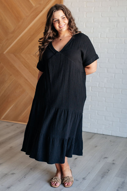 Dani Dolman Sleeve Dress - Black, Crinkle Woven, Tiered Midi Dress