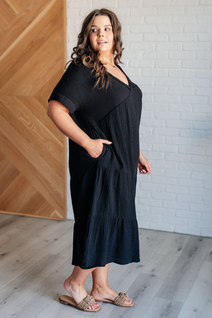 Dani Dolman Sleeve Dress - Black, Crinkle Woven, Tiered Midi Dress