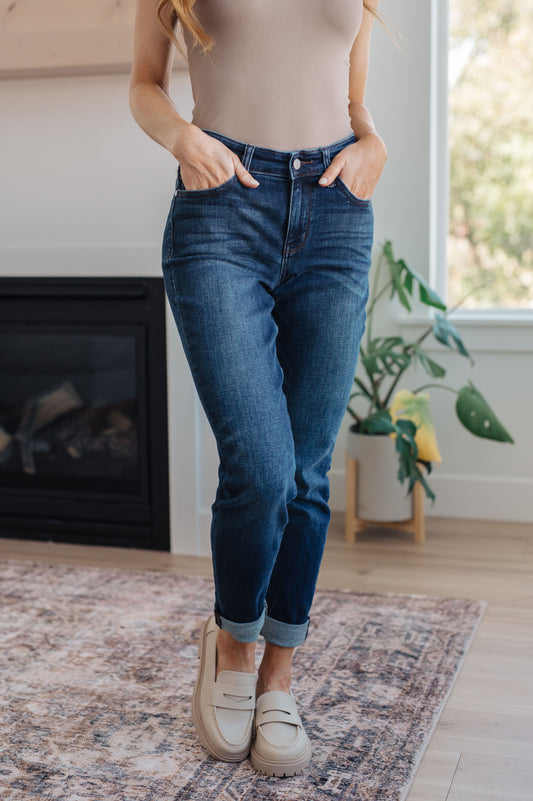 Judy Blue Amber Cuffed Slim Fit Dark Wash Jeans with mid-rise and 4-way stretch.