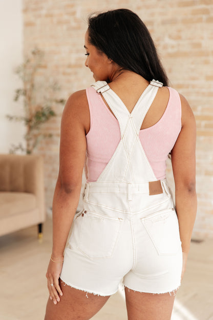 Anna High Waist Cutoff Shortalls – Judy Blue, Adjustable Straps, Raw Hem
