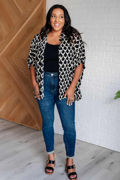 Isabel Art Deco Button Up Blouse - Black and White, Oversized Fit, Dolman Sleeves