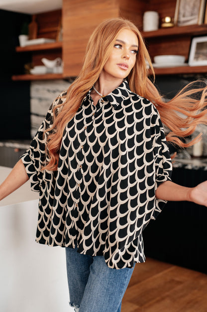 Isabel Art Deco Button Up Blouse - Black and White, Oversized Fit, Dolman Sleeves
