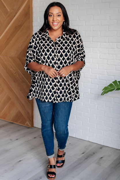Isabel Art Deco Button Up Blouse - Black and White, Oversized Fit, Dolman Sleeves
