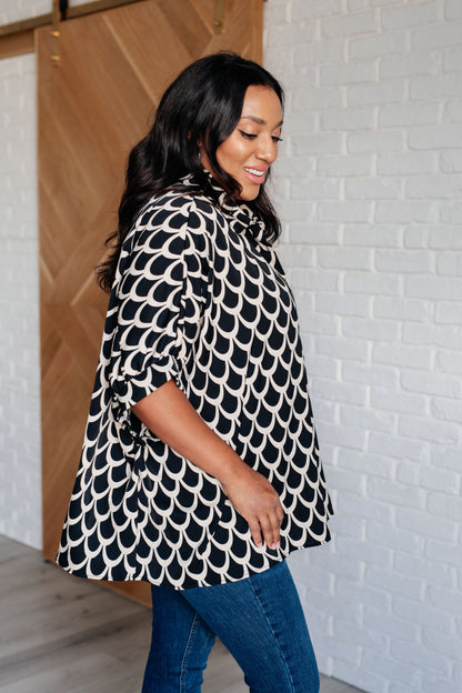 Isabel Art Deco Button Up Blouse - Black and White, Oversized Fit, Dolman Sleeves