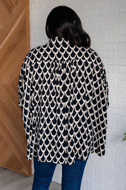 Isabel Art Deco Button Up Blouse - Black and White, Oversized Fit, Dolman Sleeves