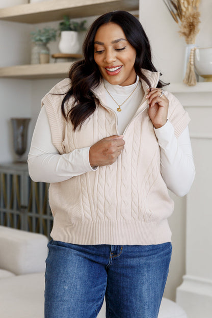 Plus size Ashton Cable Knit Vest in ivory with half-zip mock neckline and flattering drop shoulder fit.