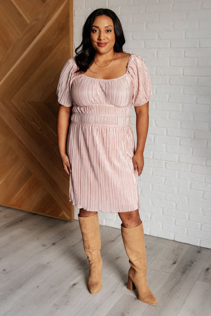 Pink plus size Astrid Balloon Sleeve Dress with elastic waist and whimsical balloon sleeves.
