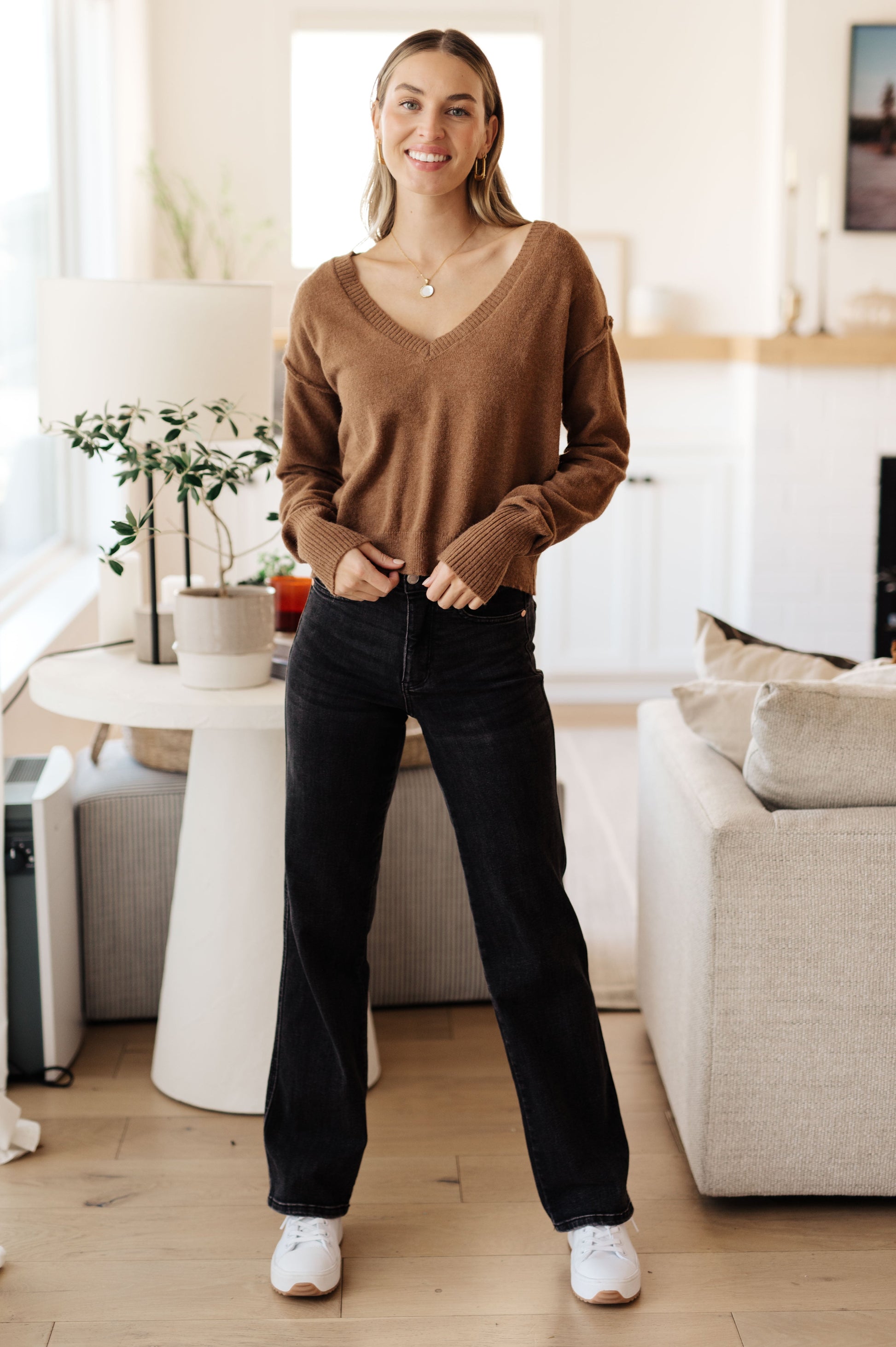 Flat lay of Bambi V-Neck Sweater in Mocha displaying cropped cut and cozy fabric.