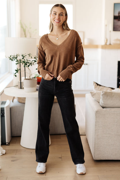 Flat lay of Bambi V-Neck Sweater in Mocha displaying cropped cut and cozy fabric.