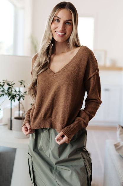 Bambi V-Neck Sweater in Mocha on hanger showing soft acrylic blend and cropped fit.
