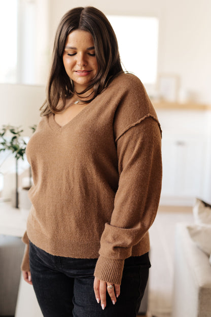Close-up of plus size Bambi V-Neck Sweater in Mocha showing knit texture and neckline.