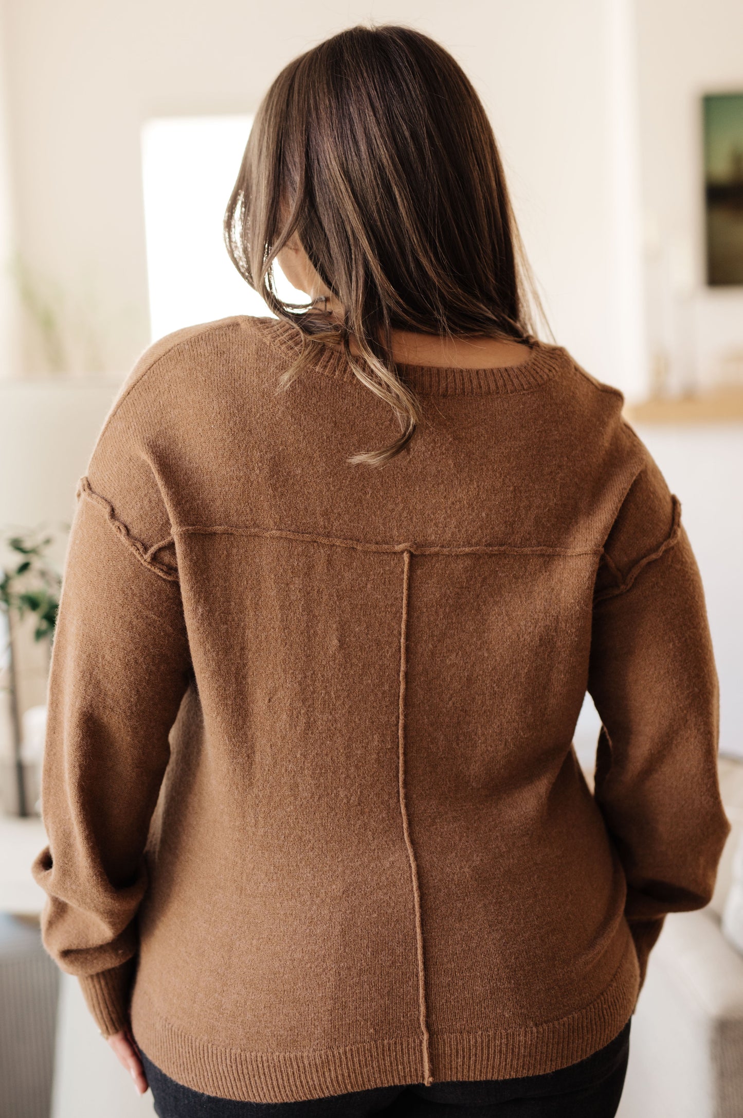 Back view of plus size Bambi V-Neck Sweater in Mocha showing slim silhouette and ribbed hem.