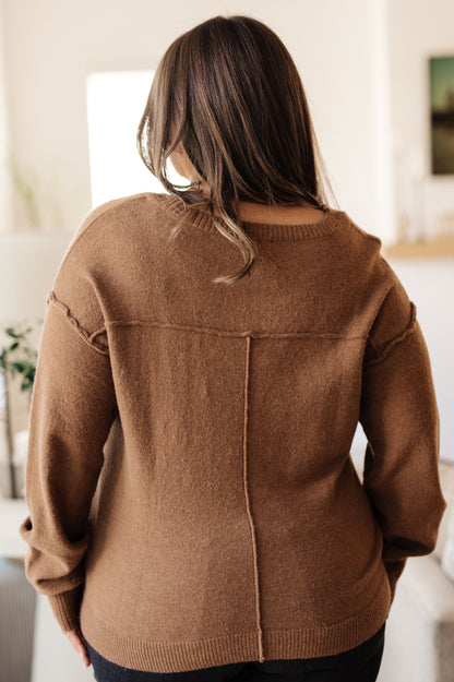 Back view of plus size Bambi V-Neck Sweater in Mocha showing slim silhouette and ribbed hem.