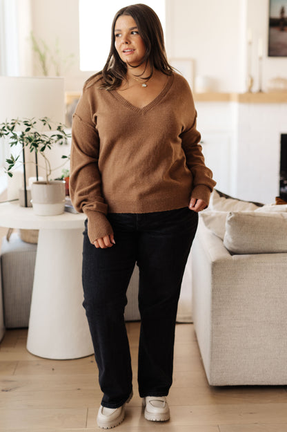 Front view of plus size Bambi V-Neck Sweater in Mocha with soft knit and cropped fit.