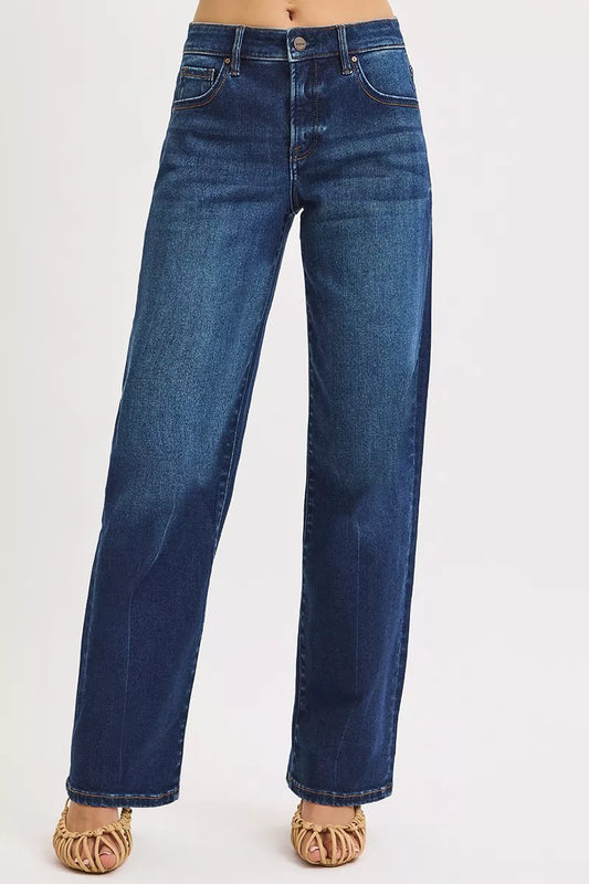 Badu Mid Rise Wide Baggy Jeans Dark Wash front view with relaxed wide leg fit