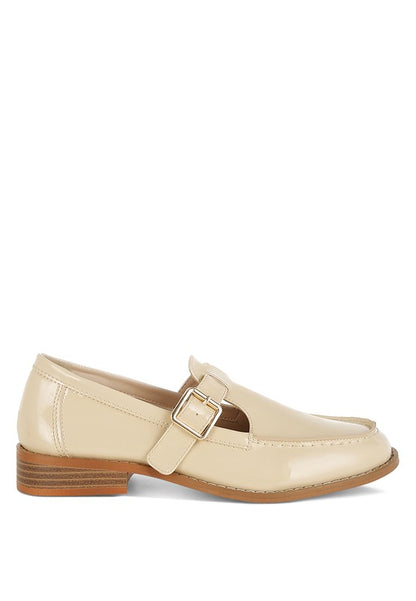 Beige Swenson Mary Jane Loafers side angle, glossy finish with 1-inch block heel and closed round toe