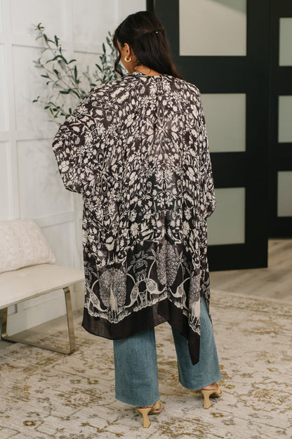 Back view of Bella Vida Open Front Floral Print Kimono bold floral print on black.