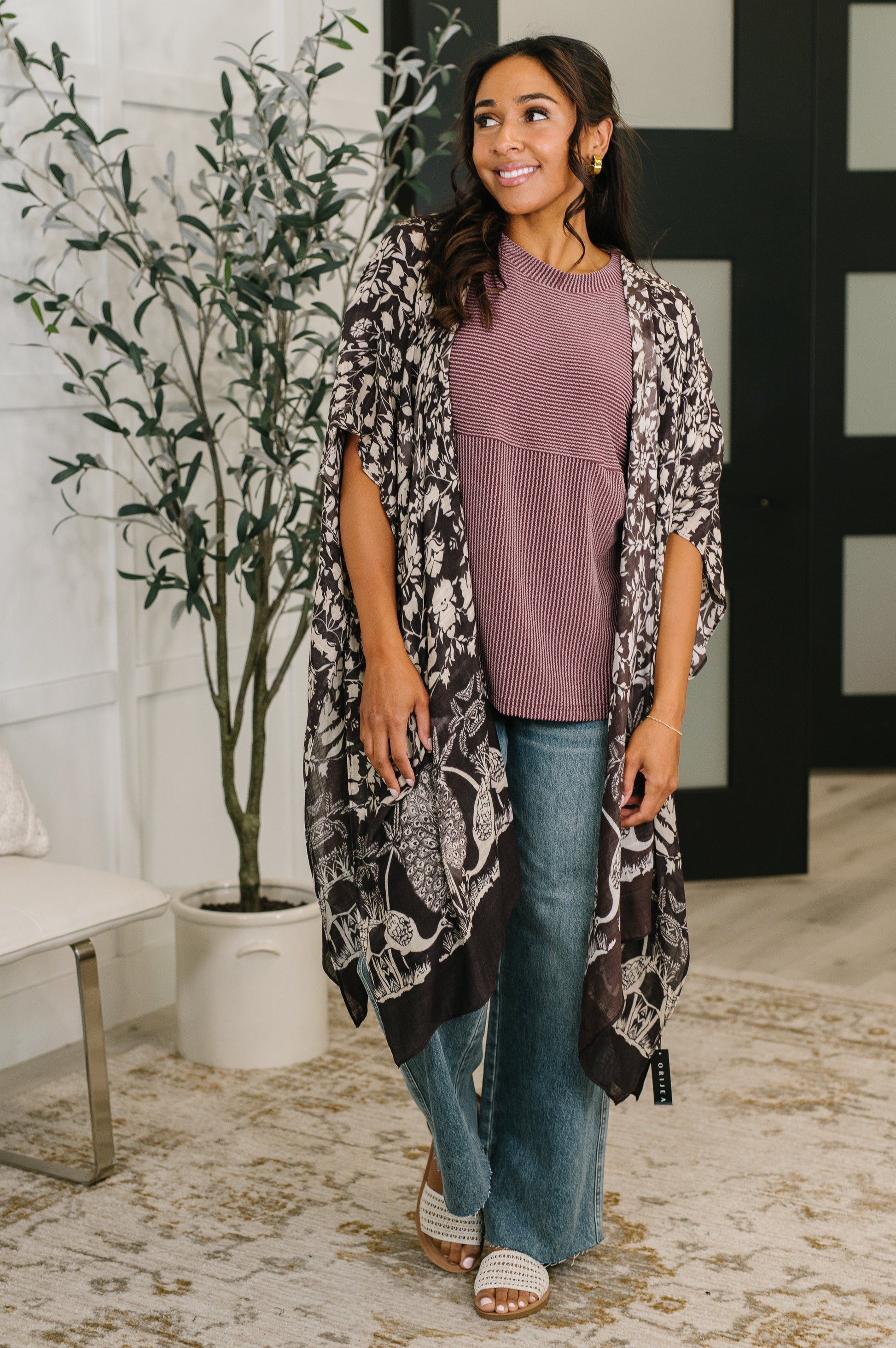 Styled outfit featuring Bella Vida Open Front Floral Print Kimono casual chic look.
