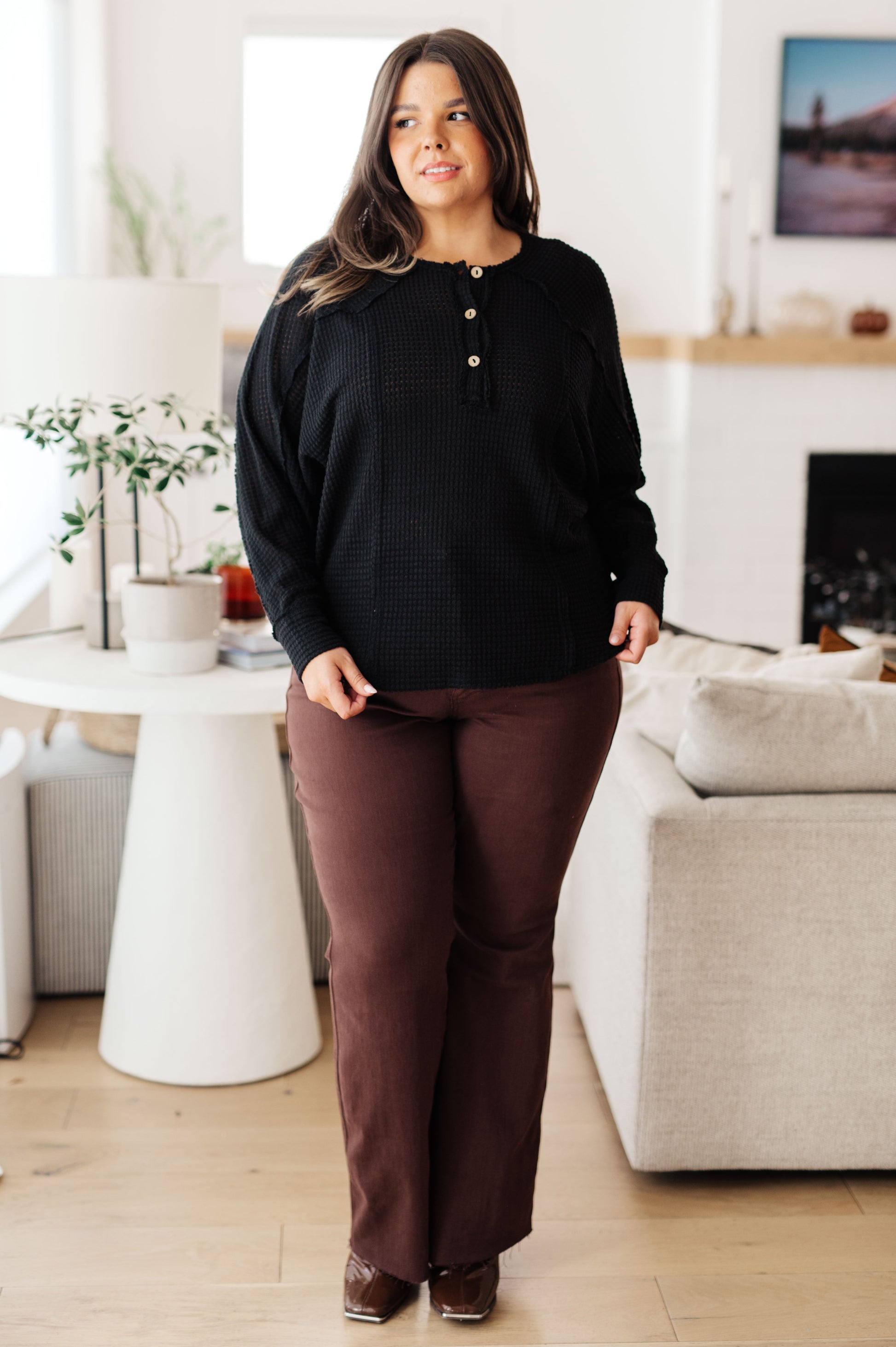 Plus size Bea Black Long Sleeve Henley Top in cozy waffle knit with wooden button detail.