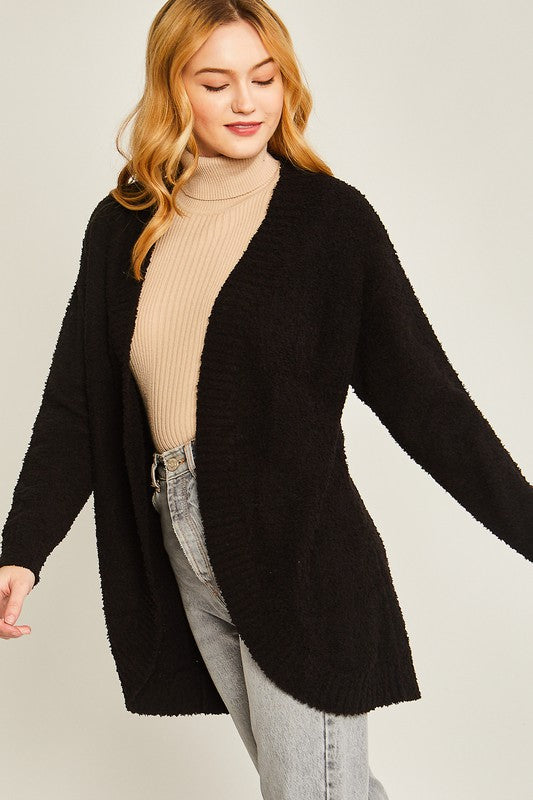 Black solid open-front long sweater cardigan with a V-neckline, long sleeves, and a loose fit.