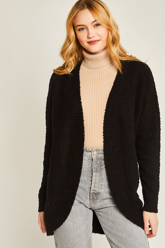 Black solid open-front long sweater cardigan with a V-neckline, long sleeves, and a loose fit.