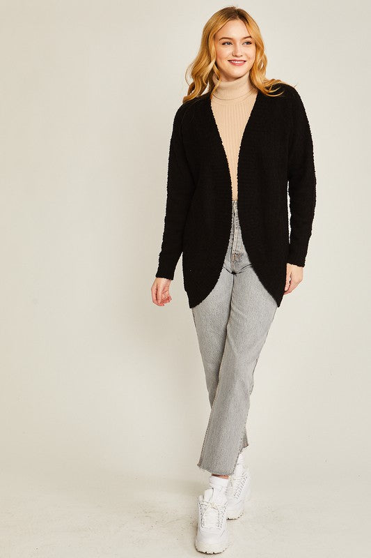 Black solid open-front long sweater cardigan with a V-neckline, long sleeves, and a loose fit.