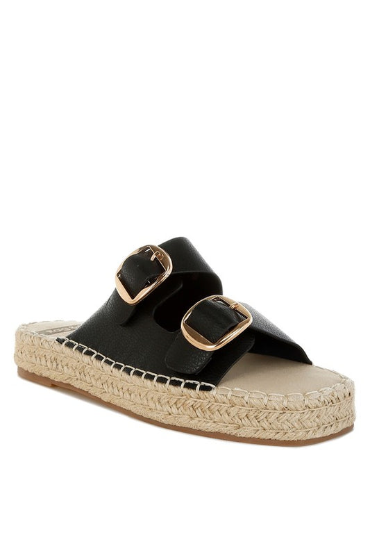 Front angle of Palala Black Leather Espadrille Flatform with open square toe and adjustable strap.