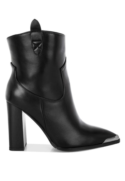 Side view of Black Hatter Pointed Toe Boots highlighting pointed toe, paneling, and block heel
