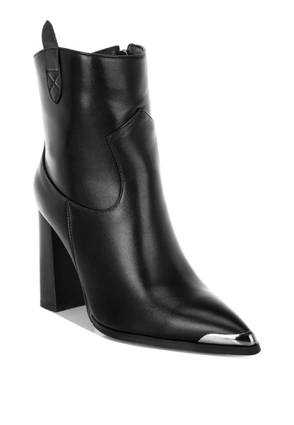 Black Hatter Pointed Toe Boots front angle showing paneling detail and 4-inch block heel