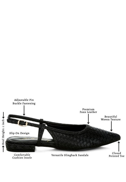 Detail view of black woven detail slingback sandals with chic pointed toe silhouette