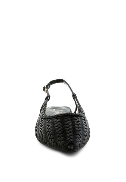 Front view of black woven slingback sandals with low block heel, versatile chic look