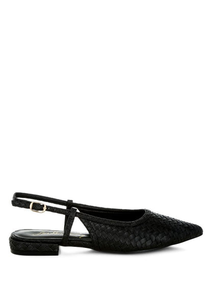 Side angle of black slingback sandals with woven faux leather and buckle strap.